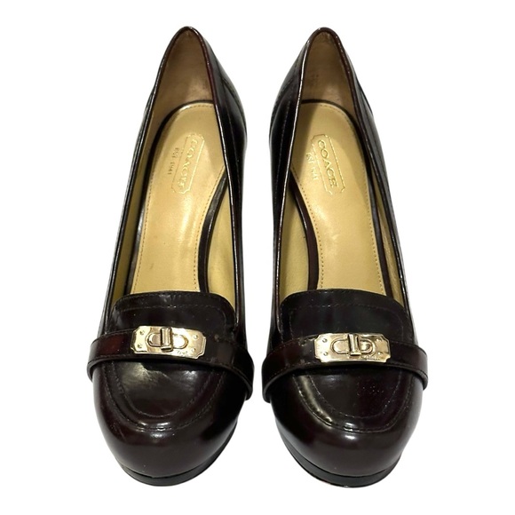 COACH Luisa Dark Brown Gold Logo Toggle Platform Heels Pumps 7.5 - Picture 9 of 16